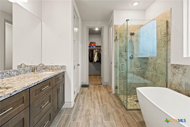 bathroom featuring vanity and independent shower and bath