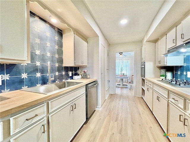 kitchen featuring light wood-style flooring, a sink, decorative backsplash, stainless steel appliances, and under cabinet range hood