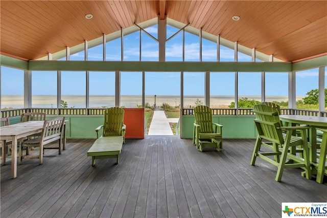 403 Bay St, Austwell, TX 77950 - sunroom with a water view, lofted ceiling, and wood ceiling