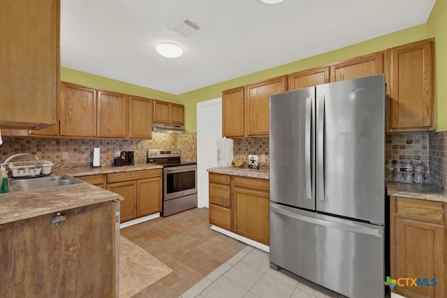 kitchen featuring stainless steel appliances, visible vents, backsplash, a sink, and under cabinet range hood