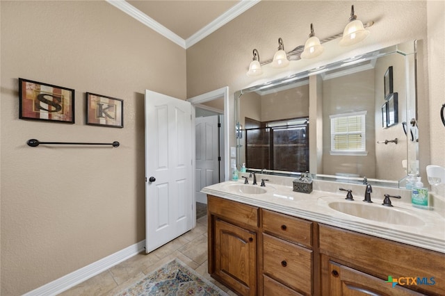 bathroom with vanity, tile patterned flooring, and crown molding