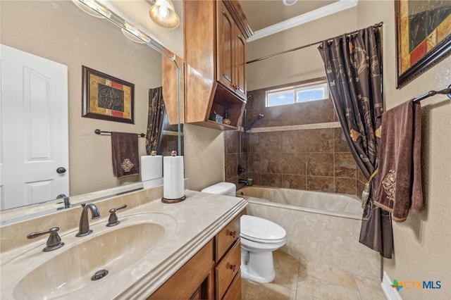 full bathroom with ornamental molding, vanity, tile patterned flooring, toilet, and shower / bathtub combination with curtain