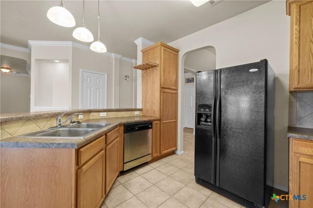 901 Mustang Trl, Harker Heights, TX 76548 - kitchen featuring black refrigerator with ice dispenser, dishwasher, tasteful backsplash, pendant lighting, and light tile patterned floors