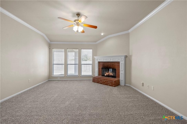 901 Mustang Trl, Harker Heights, TX 76548 - unfurnished living room featuring a ceiling fan, crown molding, carpet flooring, and a fireplace