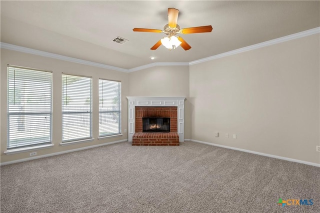 901 Mustang Trl, Harker Heights, TX 76548 - unfurnished living room with a ceiling fan, ornamental molding, carpet floors, and a fireplace