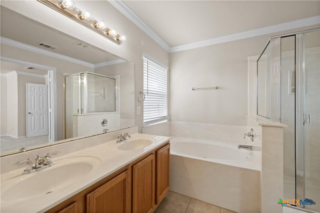 901 Mustang Trl, Harker Heights, TX 76548 - full bathroom with a shower stall, a bath, double vanity, tile patterned floors, and ornamental molding