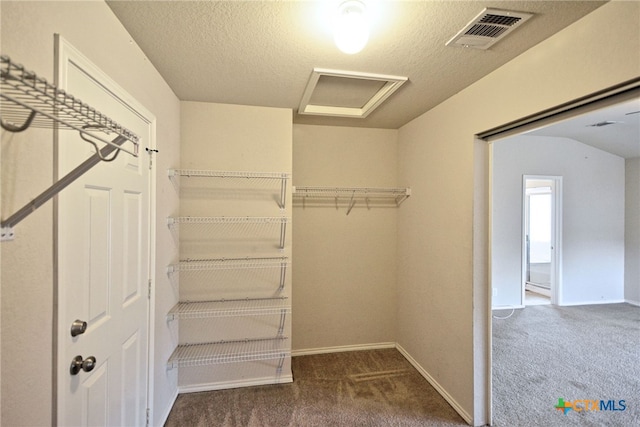 spacious closet featuring dark carpet