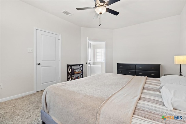 bedroom featuring carpet floors, visible vents, baseboards, and a ceiling fan