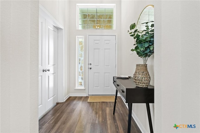 foyer with baseboards and dark wood-style flooring