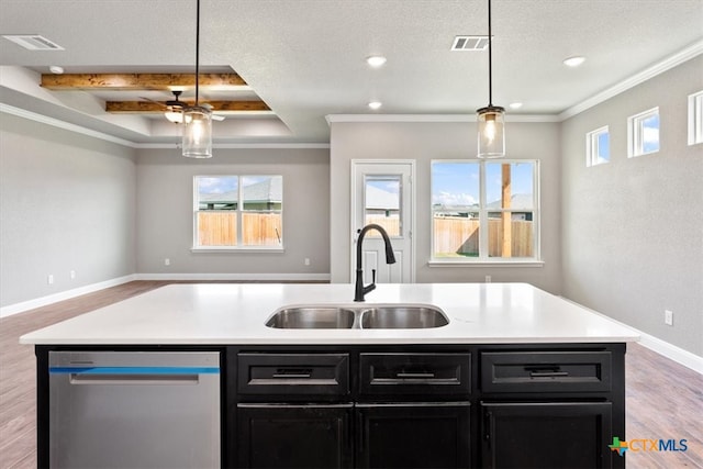 kitchen with a center island with sink, stainless steel dishwasher, plenty of natural light, and sink