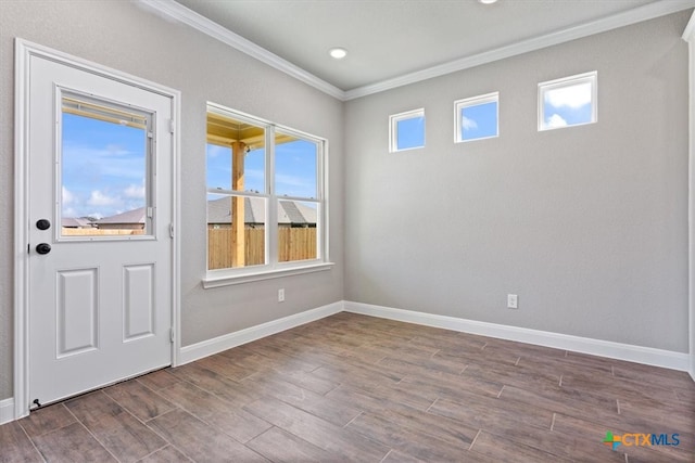 interior space featuring ornamental molding, dark hardwood / wood-style flooring, and a healthy amount of sunlight