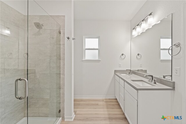 bathroom with walk in shower, vanity, and wood-type flooring