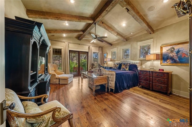 bedroom with ceiling fan, french doors, lofted ceiling with beams, access to outside, and hardwood / wood-style flooring