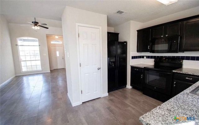 2705 Haven Dr, Killeen, TX 76543 - kitchen featuring black appliances, a ceiling fan, decorative backsplash, light stone countertops, and wood finished floors