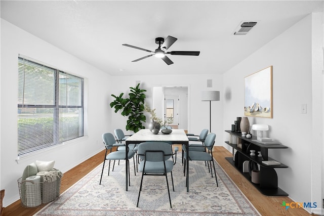 218 Gruene Rd, New Braunfels, TX 78130 - dining room featuring ceiling fan and light wood-style flooring