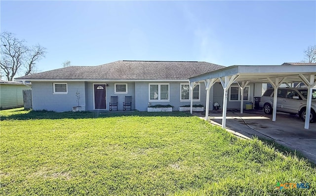 ranch-style house with a carport and a front lawn