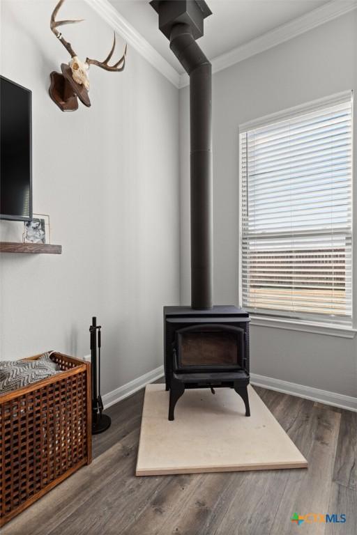 details featuring crown molding, a wood stove, wood finished floors, and baseboards