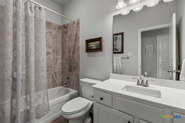 full bath featuring vanity, toilet, and shower / bath combo with shower curtain