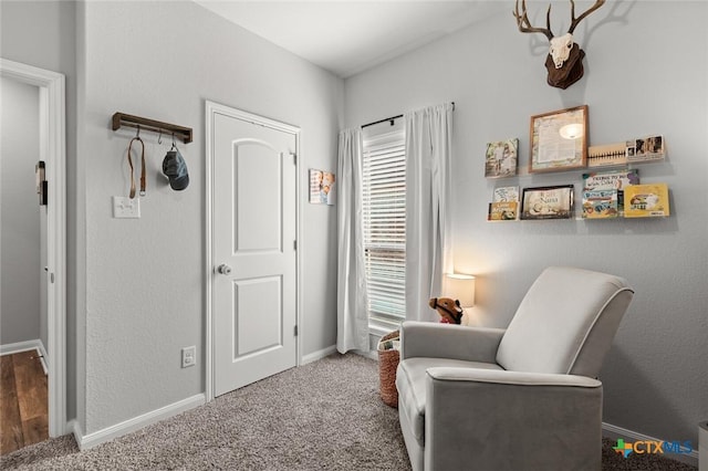 sitting room featuring baseboards and carpet floors