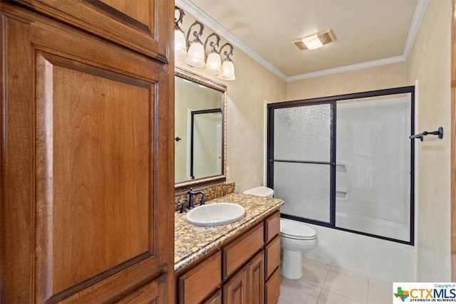 full bathroom featuring tile patterned floors, ornamental molding, vanity, toilet, and combined bath / shower with glass door