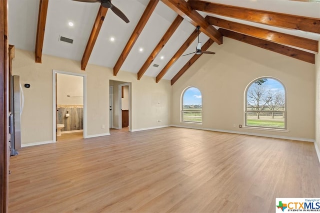 unfurnished living room with light wood-type flooring, beamed ceiling, ceiling fan, and high vaulted ceiling