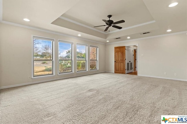 6503 Wells Fargo Rd, Killeen, TX 76542 - unfurnished room featuring a tray ceiling, ornamental molding, recessed lighting, carpet, and a ceiling fan