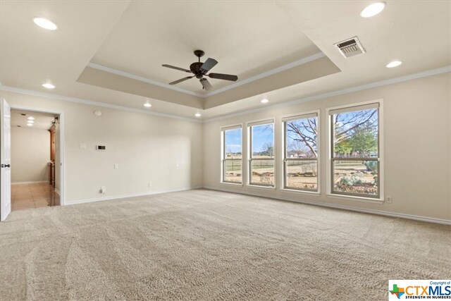 carpeted empty room with a tray ceiling, a healthy amount of sunlight, and crown molding