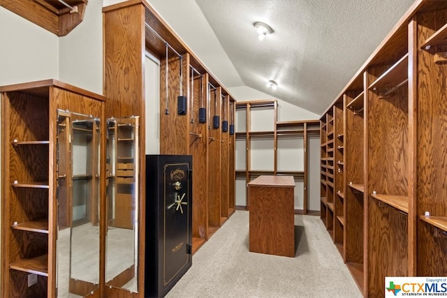 interior space with vaulted ceiling and light colored carpet