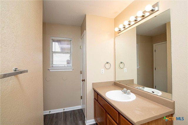 bathroom with vanity and wood-type flooring