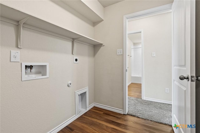 5101 Hacienda Dr, Killeen, TX 76549 - washroom featuring electric dryer hookup, hookup for a washing machine, dark wood finished floors, baseboards, and gas dryer hookup