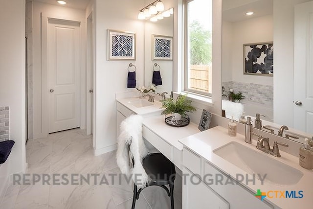 full bathroom with vanity, recessed lighting, and marble finish floor