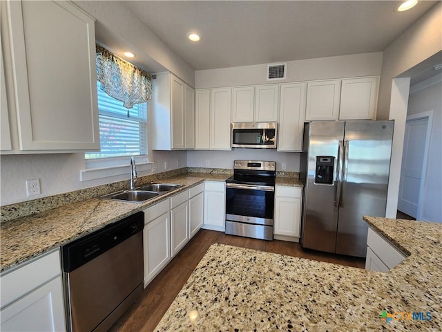 kitchen featuring a sink, visible vents, appliances with stainless steel finishes, and white cabinetry