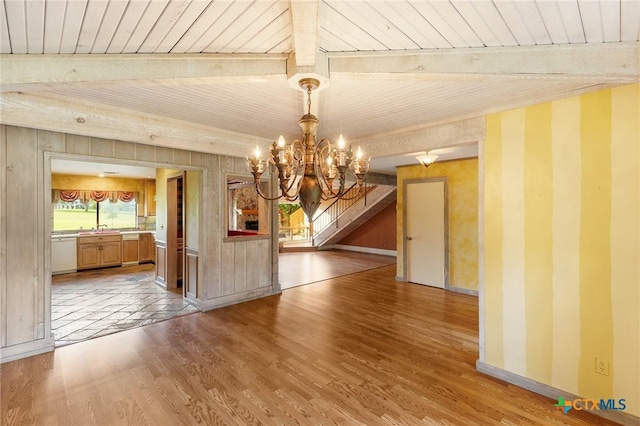 2820 Aurora, Horseshoe Bay, TX 78657 - unfurnished dining area with wood finished floors, a wood ceiling with exposed beams, and a chandelier