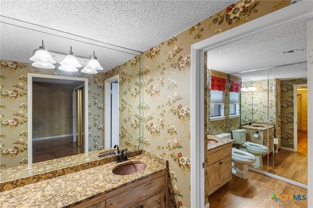 2820 Aurora, Horseshoe Bay, TX 78657 - full bathroom with wood finished floors, a textured ceiling, a bidet, vanity, and wallpapered walls
