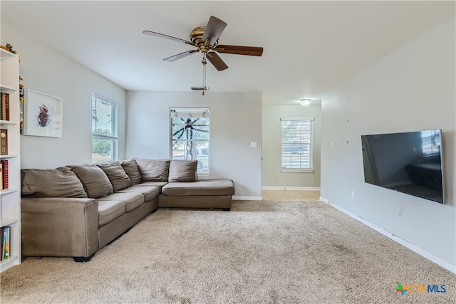 carpeted living room with a wealth of natural light and ceiling fan