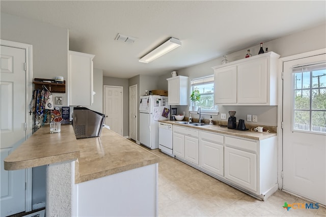 kitchen with white cabinets, kitchen peninsula, white appliances, and sink