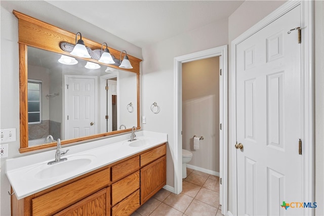 bathroom with tile patterned flooring, vanity, and toilet