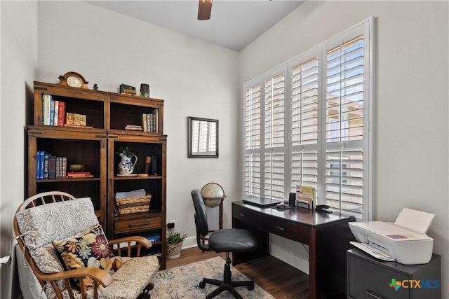 117 Aidan Ct, Burnet, TX 78611 - office area with wood finished floors, ceiling fan, and baseboards