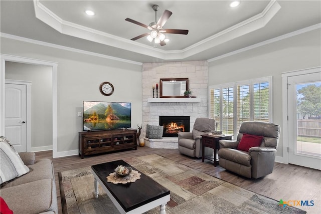 117 Aidan Ct, Burnet, TX 78611 - living area featuring a raised ceiling, wood finished floors, plenty of natural light, a stone fireplace, and ornamental molding