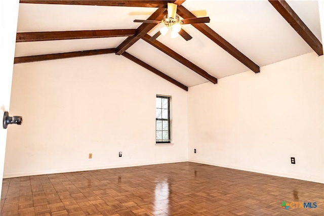 empty room with a ceiling fan, beam ceiling, high vaulted ceiling, and baseboards