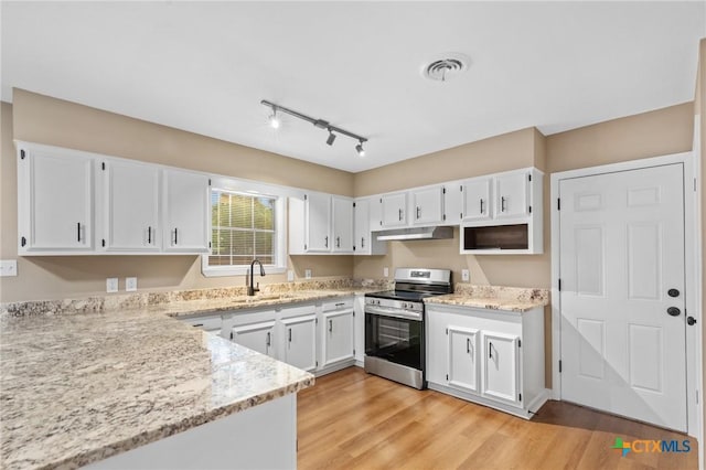 454 W Ward St, Goliad, TX 77963 - kitchen featuring stainless steel electric stove, under cabinet range hood, and white cabinets