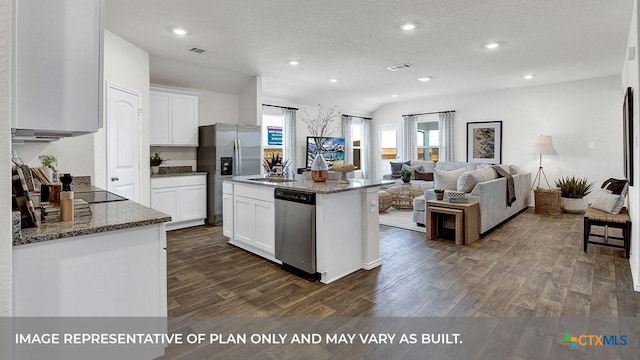 1000 Village Run, Seguin, TX 78155 - kitchen with stainless steel appliances, vaulted ceiling, dark wood-style flooring, stone counters, and open floor plan