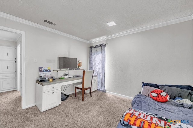 carpeted bedroom featuring a textured ceiling and ornamental molding