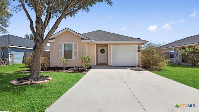 ranch-style house featuring a garage, roof with shingles, concrete driveway, and a front lawn