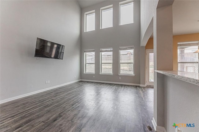 1233 Jester Ct, Copperas Cove, TX 76522 - unfurnished living room with baseboards, a high ceiling, and dark wood-style floors