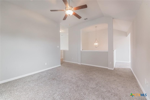 1233 Jester Ct, Copperas Cove, TX 76522 - carpeted empty room with baseboards, ceiling fan, lofted ceiling, and visible vents