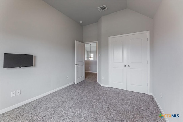 1233 Jester Ct, Copperas Cove, TX 76522 - unfurnished bedroom featuring visible vents, vaulted ceiling, baseboards, a closet, and carpet