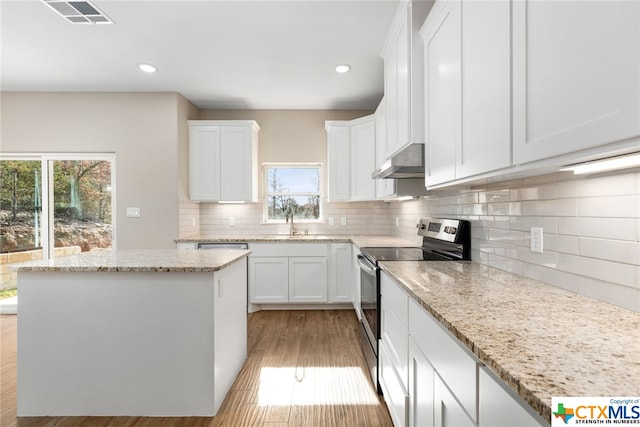 kitchen with white cabinetry, sink, light stone countertops, and stainless steel range with electric stovetop