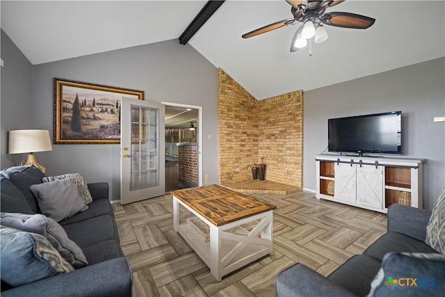 living room featuring ceiling fan, beamed ceiling, high vaulted ceiling, french doors, and baseboards