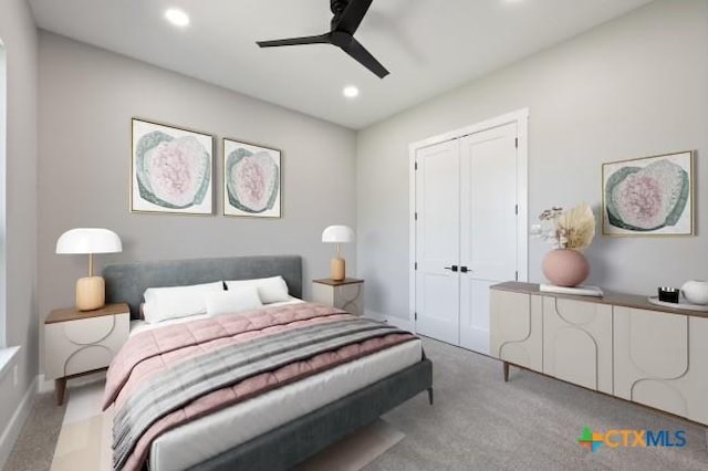 644 Creekside Dr, Belton, TX 76513 - bedroom with carpet floors, recessed lighting, a closet, ceiling fan, and baseboards